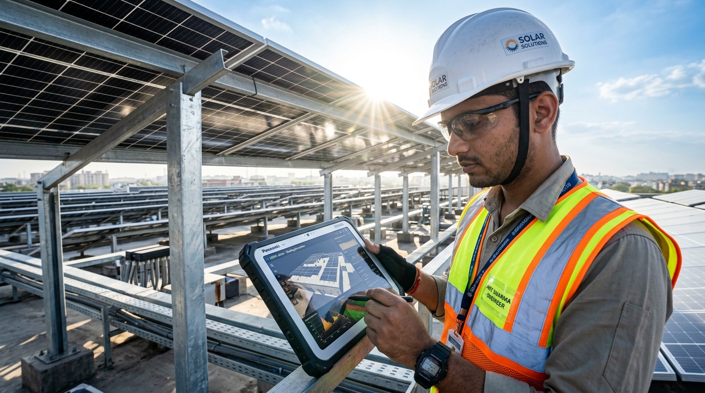Solar engineer inspecting bifacial TOPCon solar panels